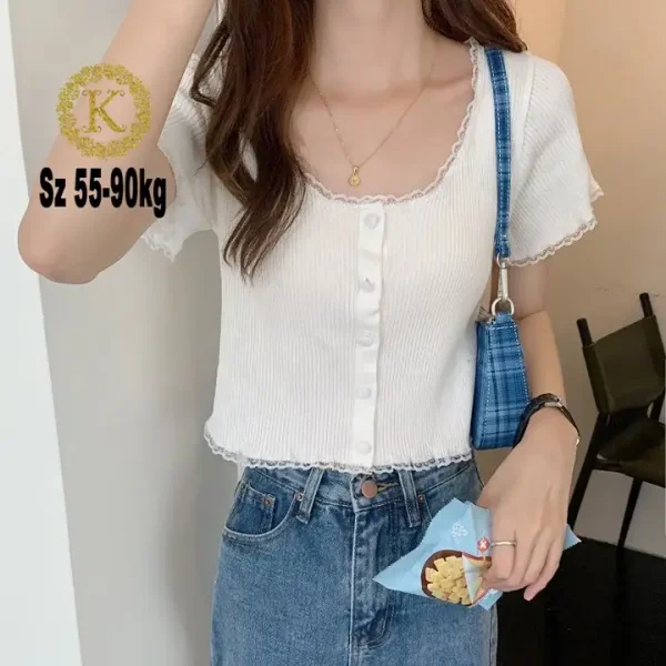 Áo croptop bigsize 55-90kg KimFashion, áo kiểu croptop bigsize nút phối ren AT08 - Hình ảnh 5