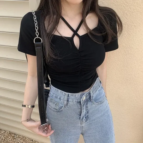 Áo croptop tay ngắn bigsize, áo kiểu croptop vạt bầu bigsize kim fashion AT16 - Hình ảnh 5