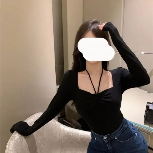 Áo nữ tay dài bigsize 55-90kg kimfashion AT19, áo kiểu bigsize màu đen rút dây trước ngực phong cách Hàn Quốc - Hình ảnh 5