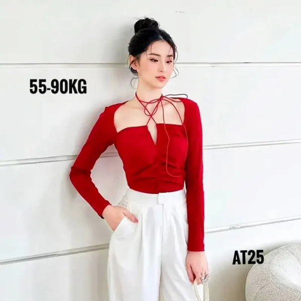 Áo croptop nữ tay dài bigsize 55-90kg kimfashion AT24, áo kiểu bigsize cột dây trước ngực phong cách Hàn Quốc