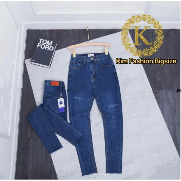 Quần jeans co giãn xanh đậm rách bigsize 60-90kg - Kim Fashion Bigsize - Hình ảnh 2