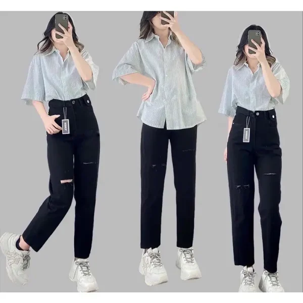 Quần jean đen baggy bigsize Kimfshion, quần from rộng lưng cao BGD75-1 Từ 58-90kg