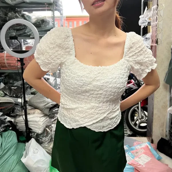 Áo croptop bigsize nữ 45-95kg KimFashion, áo kiểu croptop bigsize tay ngắn trễ vai AC14 - Hình ảnh 2
