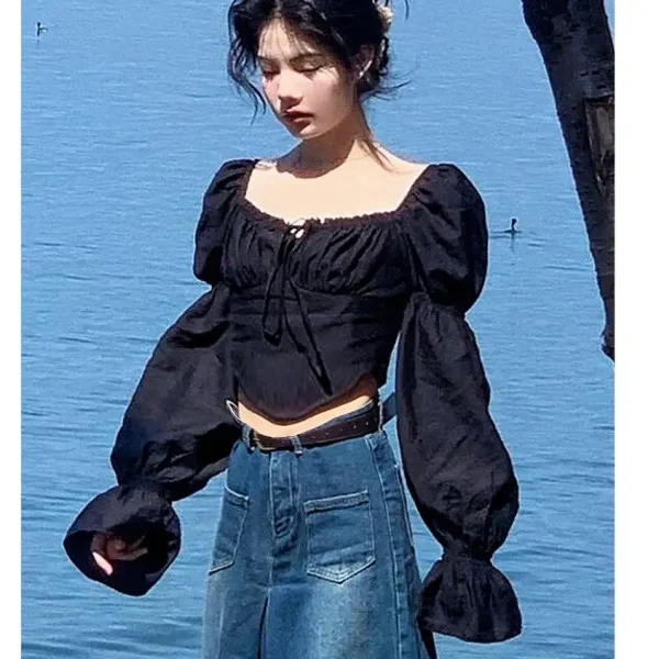 Áo croptop bigsize nữ 45-95kg KimFashion, áo kiểu croptop bigsize tay dài trễ vai AC04 - Hình ảnh 2