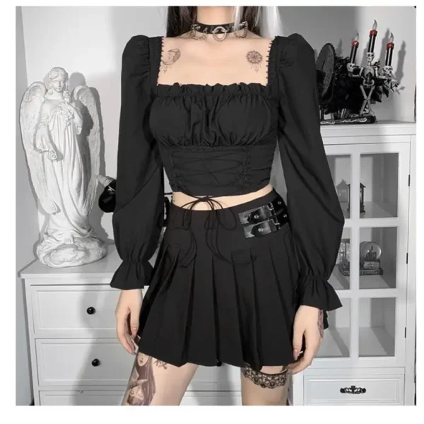 Áo kiểu bigsize 45-90kg, áo croptop tay dài big size phối ren dây đan chéo trước eo phong cách ullzang AC09 - Hình ảnh 3