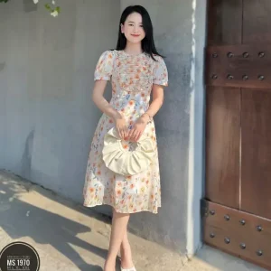 Đầm hoa maxi xếp ly ngực tay phồng Bigsize 55-85kg MS:1970