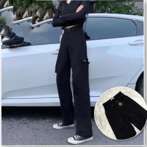 Quần jeans đen nữ ống suông bigsize 58-8kg KimFashion,quần ống rộng cạp lưng cao bigsize form ulzzang hàn quốc