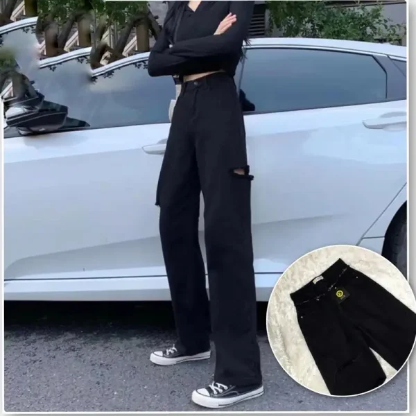 Quần jeans đen nữ ống suông bigsize 58-8kg KimFashion,quần ống rộng cạp lưng cao bigsize form ulzzang hàn quốc