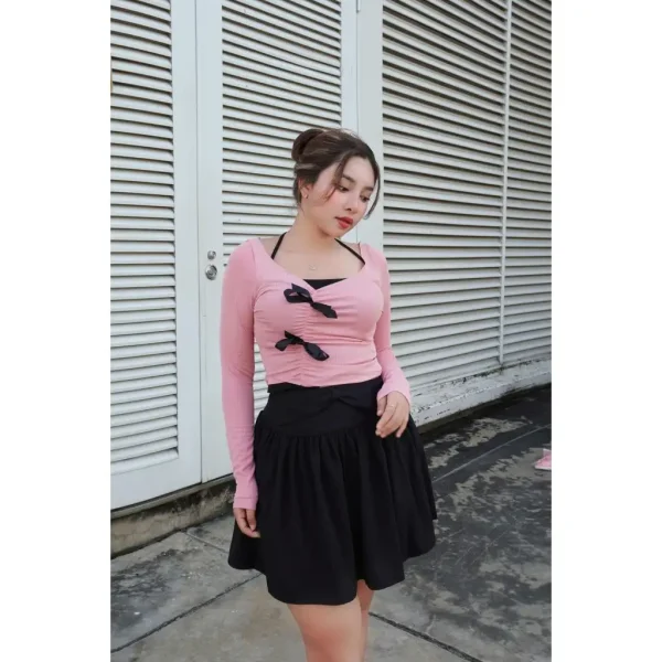 SET CROP XÁM ĐÍNH NƠ NGỰC + CROP ĐEN CỔ YẾM + CHÂN VÁY XOÈ BIGSZIE - Hình ảnh 3