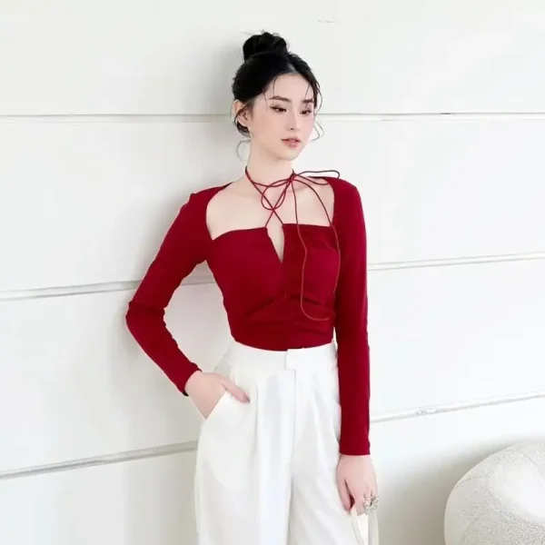 Áo croptop nữ tay dài bigsize 55-90kg kimfashion AT24, áo kiểu bigsize cột dây trước ngực phong cách Hàn Quốc - Hình ảnh 5