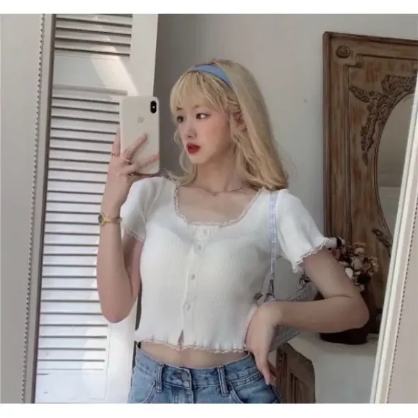 Áo croptop nữ tay ngắn bigsize 55-90kg kimfashion, Croptop bigsize phối ren phong cách Hàn Quốc AT08-D - Hình ảnh 6