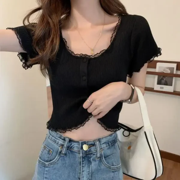 Áo croptop nữ tay ngắn bigsize 55-90kg kimfashion, Croptop bigsize phối ren phong cách Hàn Quốc AT08-D - Hình ảnh 2