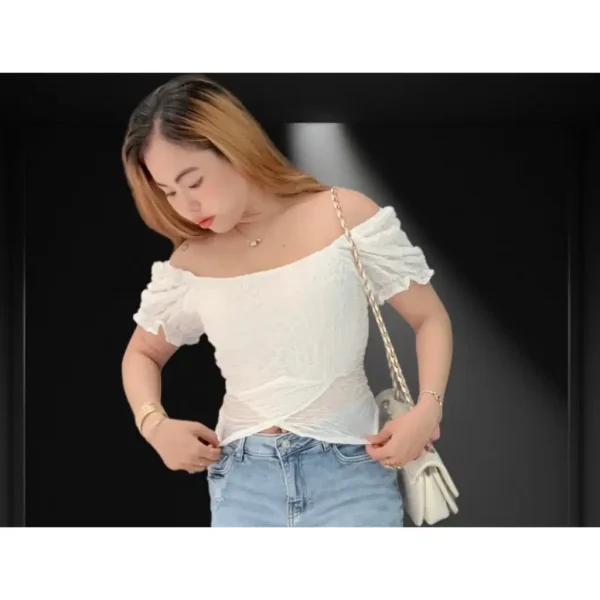 Áo croptop bigsize nữ 45-95kg KimFashion, áo kiểu croptop bigsize tay ngắn trễ vai AC14 - Hình ảnh 4