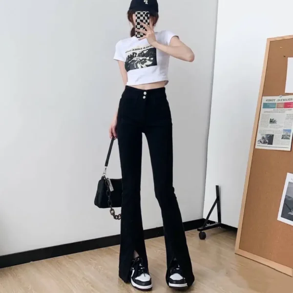 Quần ống loe bigsize 60-85kg, quần loe cạp cao xẻ ống hai nút dáng dài màu đen KimFashion
