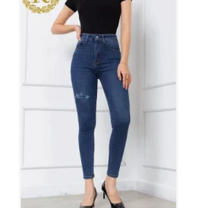 Jeans xanh đậm co giãn mạnh bigsize 60-90kg rách kiểu - Kim Fashion Bigsize