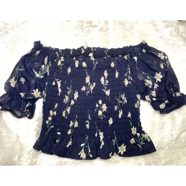 Áo croptop bigsize hoa nhí màu xanh đen trễ vai mặt trước có lót bo thun ôm co giãn 55-80kg AC13 - Hình ảnh 3
