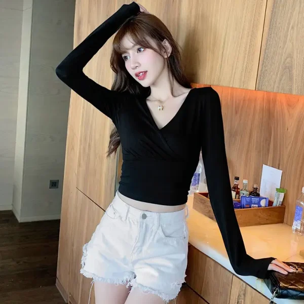 Áo croptop nữ tay dài bigsize 55-90kg kimfashion, Croptop bigsize chéo ngực phong cách Hàn Quốc AT03-D - Hình ảnh 2