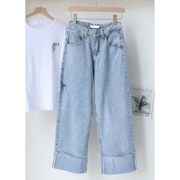 Quần jean suông bigsize 58-85kg,quần ống rộng lưng cạp cao phong cách ulzzang unisex hàn quốc - Hình ảnh 4