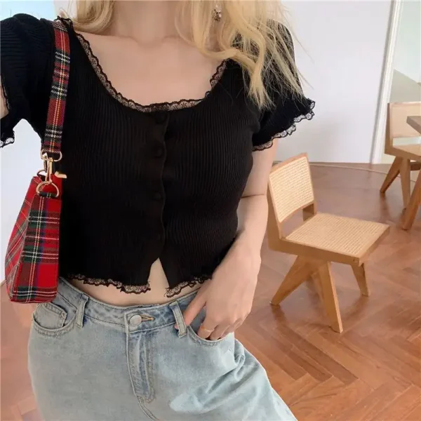 Áo croptop nữ tay ngắn bigsize 55-90kg kimfashion, Croptop bigsize phối ren phong cách Hàn Quốc AT08-D - Hình ảnh 3