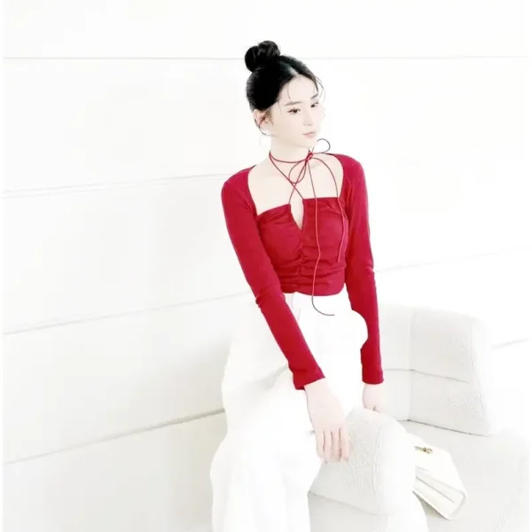 Áo croptop nữ tay dài bigsize 55-90kg kimfashion AT24, áo kiểu bigsize cột dây trước ngực phong cách Hàn Quốc - Hình ảnh 2
