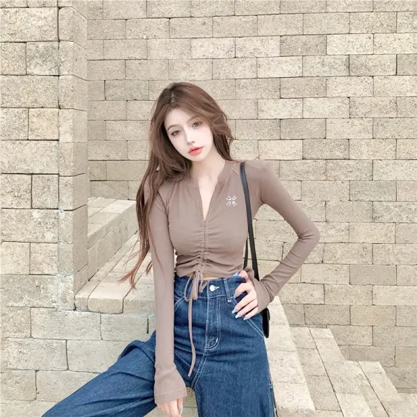 Áo croptop nữ tay dài bigsize 55-90kg kimfashion, Croptop bigsize rút ngực phong cách Hàn Quốc AT12 - Hình ảnh 2