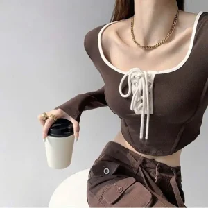 Áo croptop body tay dài bigsize 55-92kg, áo thun bigsize đan dây trươc ngực màu nâu AT39 - Kim Fashion