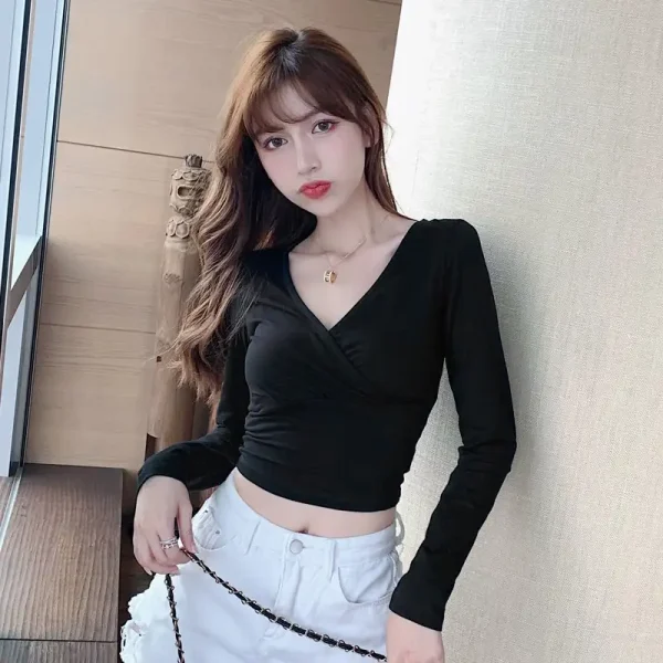 Áo croptop nữ tay dài bigsize 55-90kg kimfashion, Croptop bigsize chéo ngực phong cách Hàn Quốc AT03-D - Hình ảnh 3