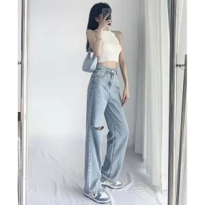 Quần suông rộng bigsize 60-85kg, quần jean ống rộng cạp cao bigsize BGS-01 Kim Fashion