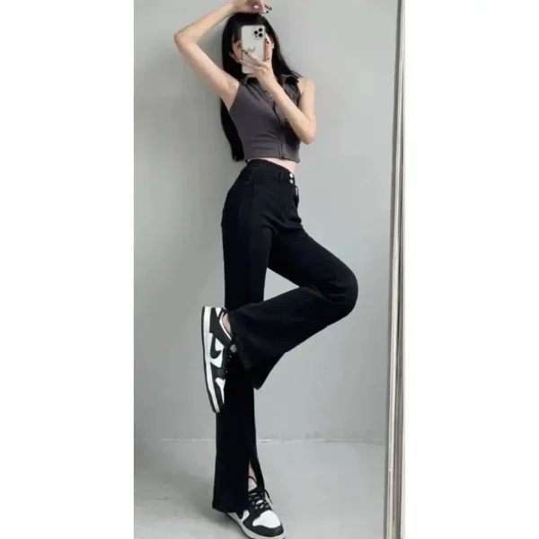 Quần ống loe bigsize 60-85kg, quần loe cạp cao xẻ ống hai nút dáng dài màu đen KimFashion - Hình ảnh 2