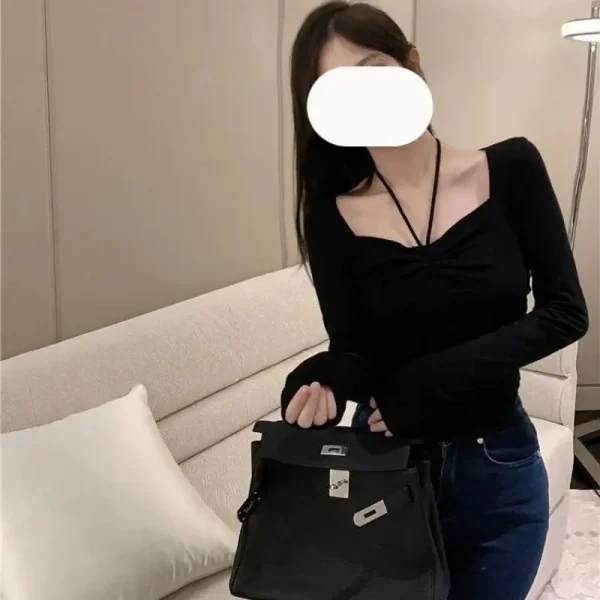 Áo nữ tay dài bigsize 55-90kg kimfashion AT19, áo kiểu bigsize màu đen rút dây trước ngực phong cách Hàn Quốc - Hình ảnh 6