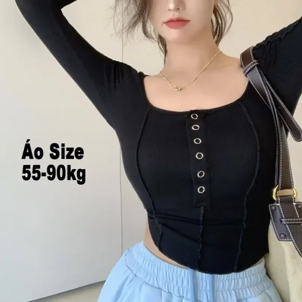 Áo thun body nữ tay dài bigsize 55-90kg cổ tròn, áo kiểu size lớn AT26 Kimfashion - Hình ảnh 6