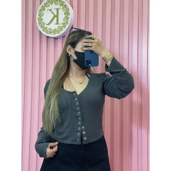 Áo croptop bigsize, áo croptop tay dài cổ tròn hàng nút bấm dành cho nữ 55-90kg AT29 - Hình ảnh 3