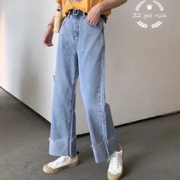 Quần jean suông bigsize 58-85kg,quần ống rộng lưng cạp cao phong cách ulzzang unisex hàn quốc - Hình ảnh 2