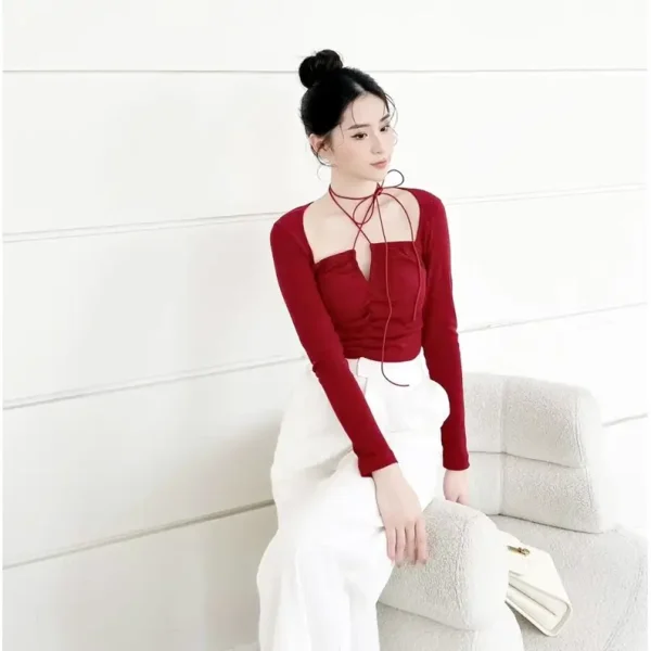 Áo croptop nữ tay dài bigsize 55-90kg kimfashion AT24, áo kiểu bigsize cột dây trước ngực phong cách Hàn Quốc - Hình ảnh 3