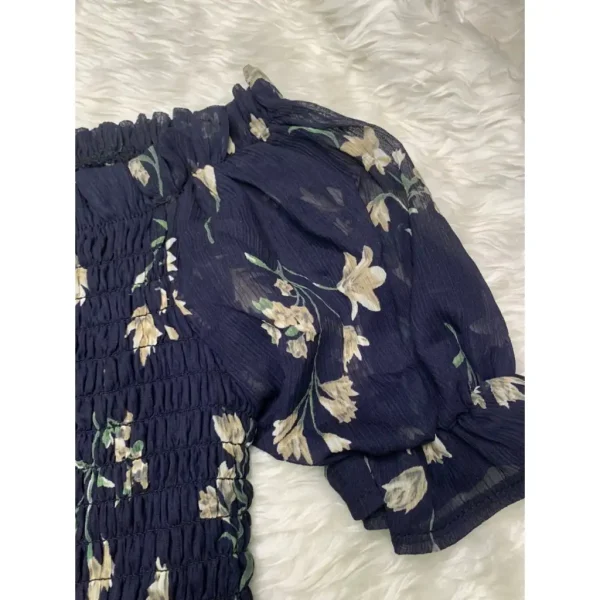 Áo croptop bigsize hoa nhí màu xanh đen trễ vai mặt trước có lót bo thun ôm co giãn 55-80kg AC13 - Hình ảnh 6