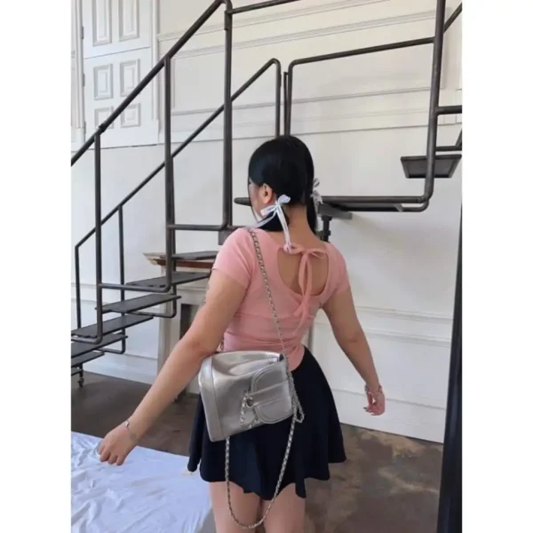 Áo croptop size 45-95kg màu xanh, hồng cột nơ sau form lớn bigsize at35 - Hình ảnh 2