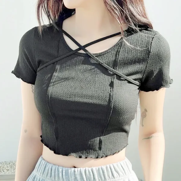 Áo croptop bigsize, áo croptop tay ngắn dây chéo hình lá thư 55-90kg AT28 - Hình ảnh 2