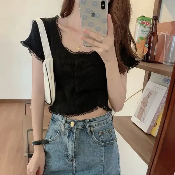 Áo croptop bigsize 55-90kg KimFashion, áo kiểu croptop bigsize nút phối ren AT08 - Hình ảnh 7