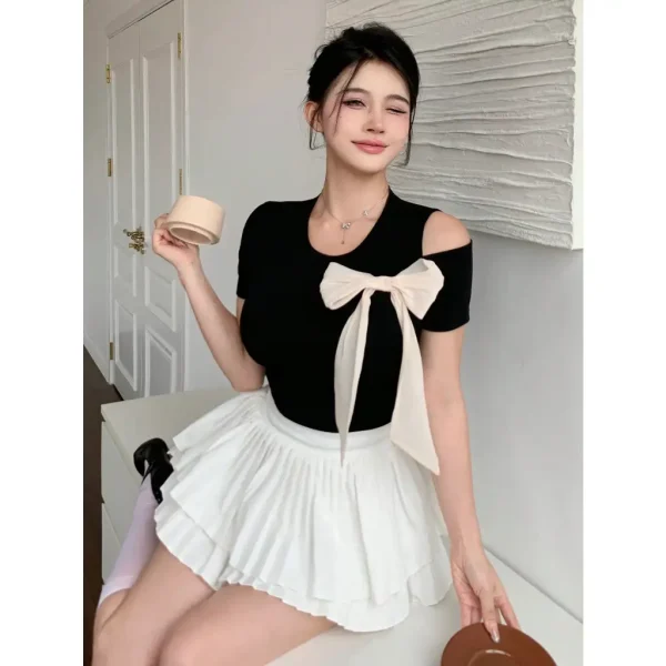 Áo thun croptop form ôm body cột nơ xinh xắn AT38 đen bigsize 45-95kg - Hình ảnh 2
