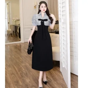 Đầm tiểu thư phối kẻ cột nơ Bigsize 55-85kg MS:2001