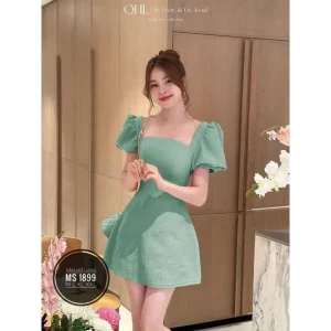 ĐẦM NGẮN CỔ VUÔNG TAY PHỒNG PHỐI NƠ SAU LƯNG SANG TRỌNG