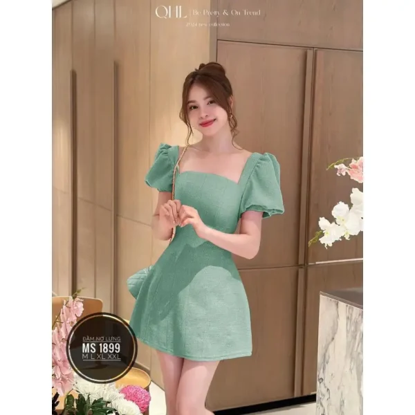 ĐẦM NGẮN CỔ VUÔNG TAY PHỒNG PHỐI NƠ SAU LƯNG SANG TRỌNG