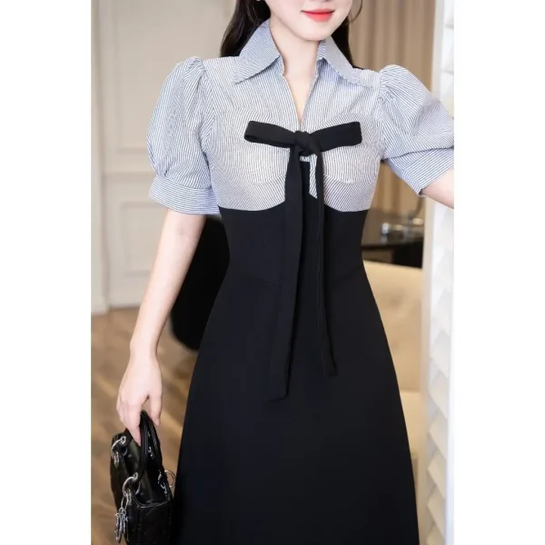 Đầm tiểu thư phối kẻ cột nơ Bigsize 55-85kg MS:2001 - Hình ảnh 3