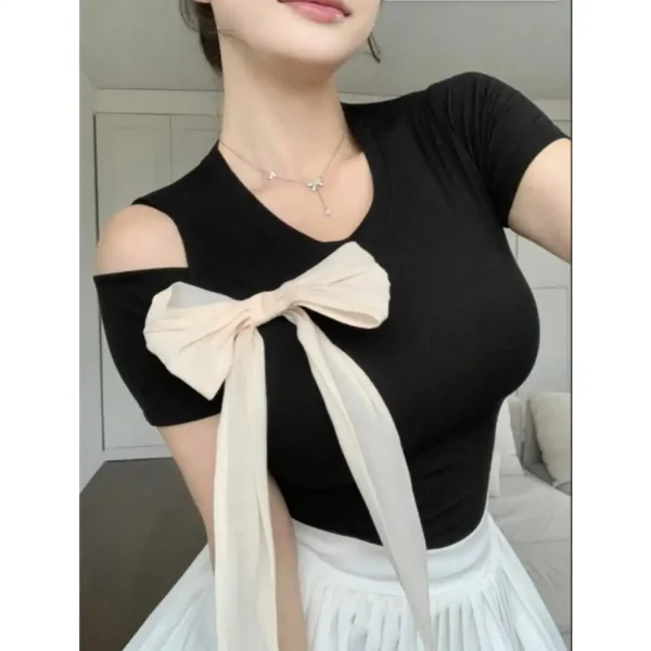 Áo thun croptop form ôm body cột nơ xinh xắn AT38 đen bigsize 45-95kg - Hình ảnh 3