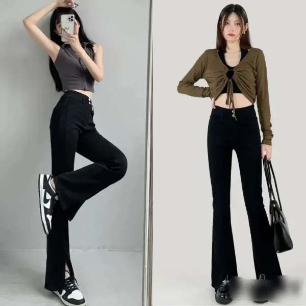 Quần ống loe bigsize 60-85kg, quần loe cạp cao xẻ ống hai nút dáng dài màu đen KimFashion - Hình ảnh 3