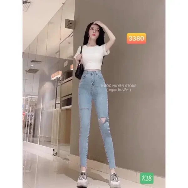 Quần jean nữ lưng cao bigsize 60-85kg-KD01-1-nhạt - Hình ảnh 3