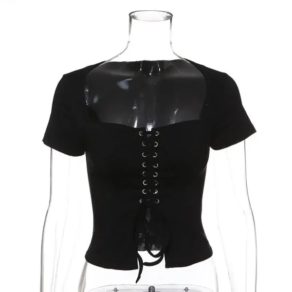 Áo Croptop Nữ Tay Ngắn Đan Dây Trước Ngực Bigsize Kimfashion Tôn Dáng Sexy - Ảnh 6
