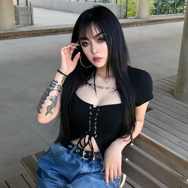 Áo Croptop Nữ Tay Ngắn Đan Dây Trước Ngực Bigsize Kimfashion Tôn Dáng Sexy - Ảnh 3