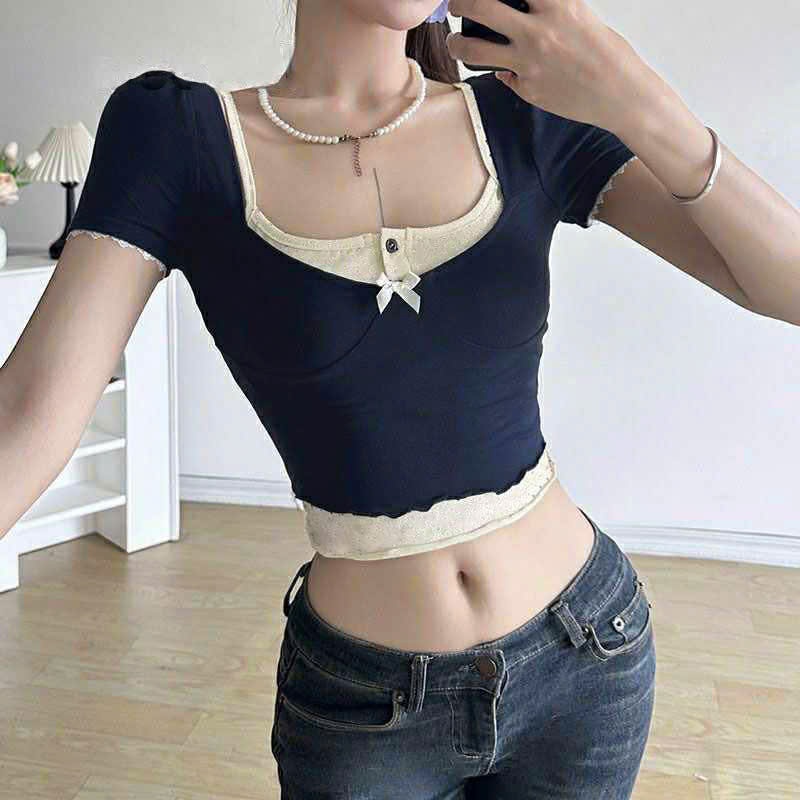 Áo croptop nữ tay ngắn bigsize 45-90kg kimfashion, Croptop bigsize màu xanh đậm phối trắng AT42-D - Ảnh 2