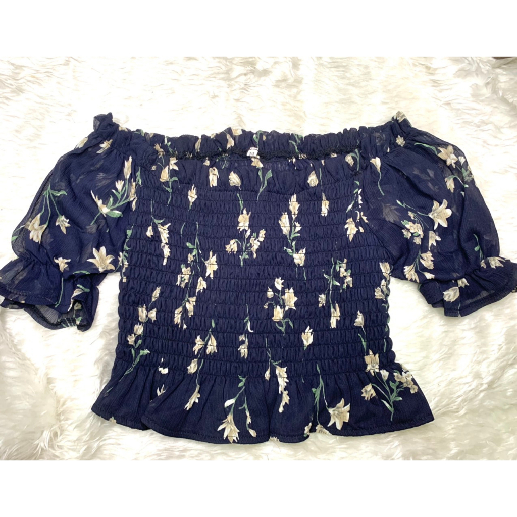 Áo croptop bigsize hoa nhí màu xanh đen trễ vai mặt trước có lót bo thun ôm co giãn 55-80kg AC13 - Ảnh 3